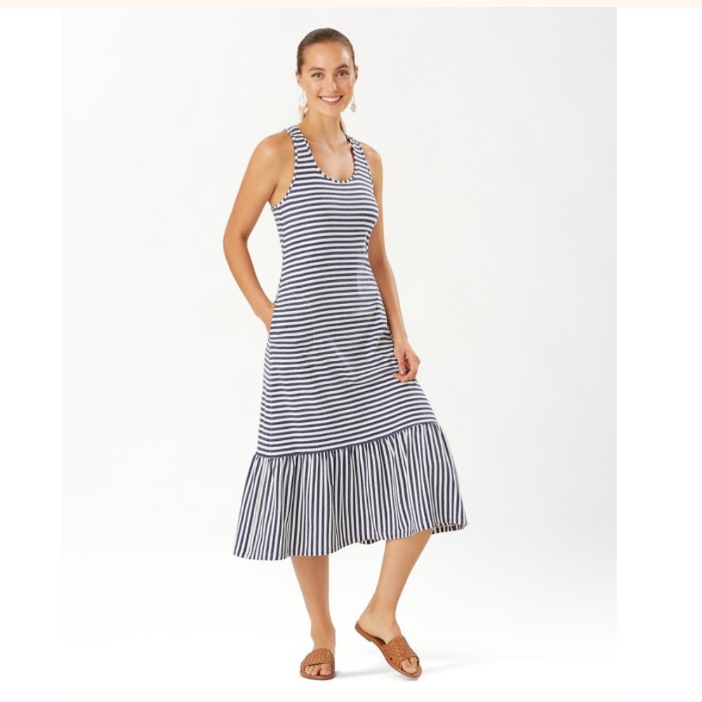 Tommy Bahama Navy and White Striped Midi Tank Dress